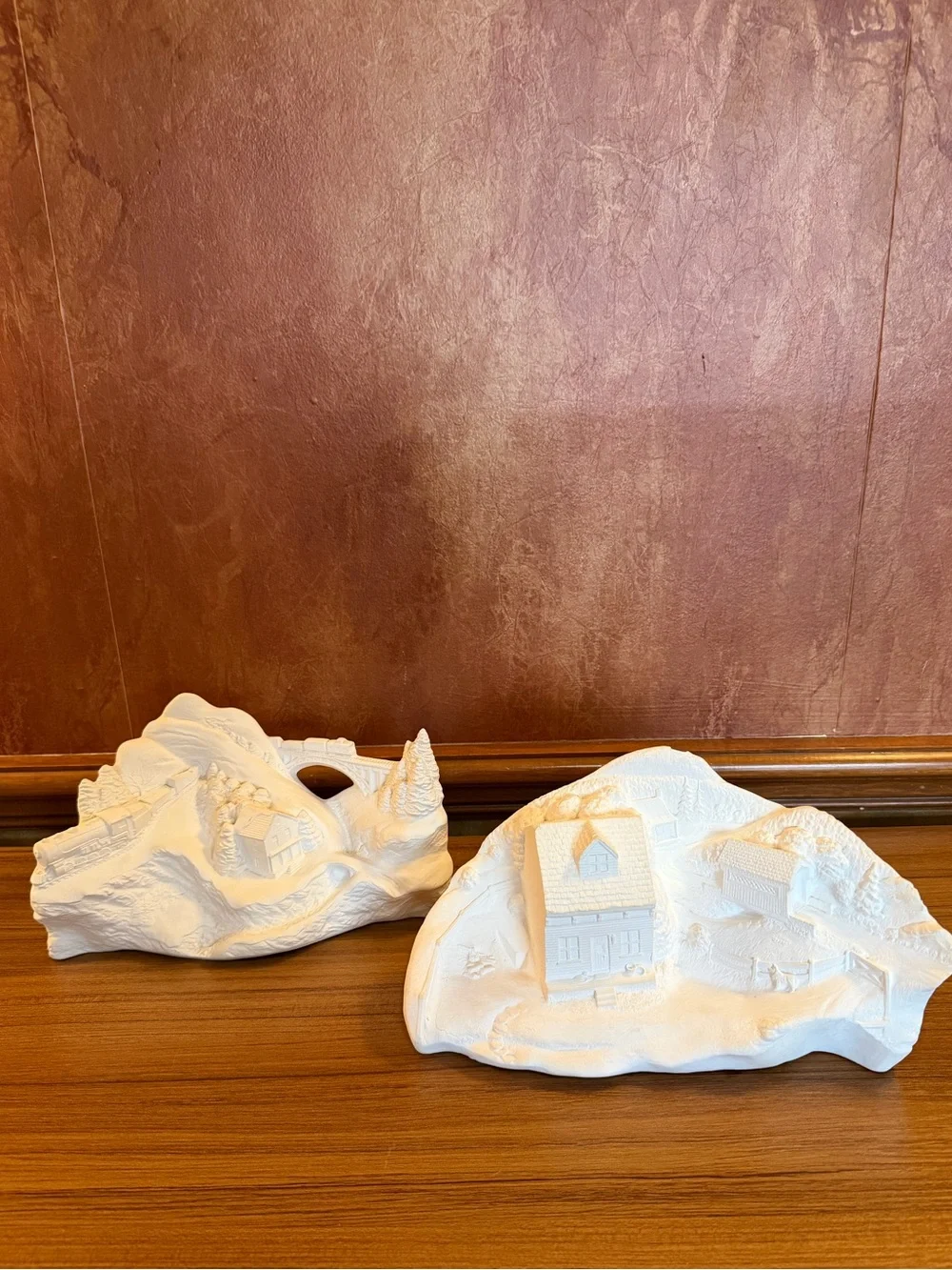 Vintage Ceramic Bisque Ready to Paint Winter Mountain Village Stone Bridge Set